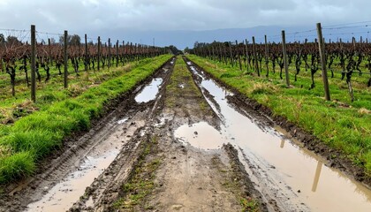 Obraz premium Muddy Vineyard Path with Wet Soil and Overcast Sky in Background