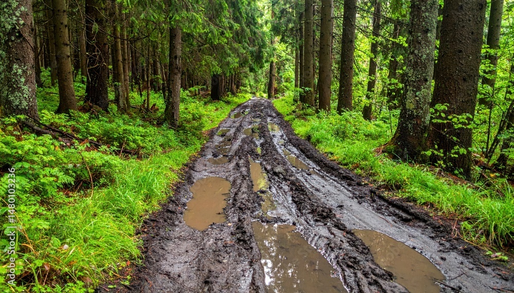 Poster muddy path through dense green forest with trees and puddles