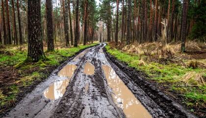 Muddy Trail Through Pine Forest After Rainfall in Natural Landscape
