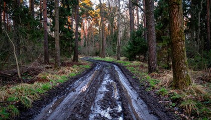 Obraz premium Muddy Forest Road Through Tall Trees in a Natural Setting