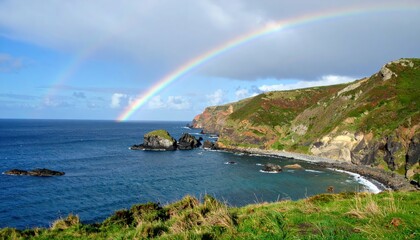 Scenic Coastal View with Rainbow and Lush Green Hills