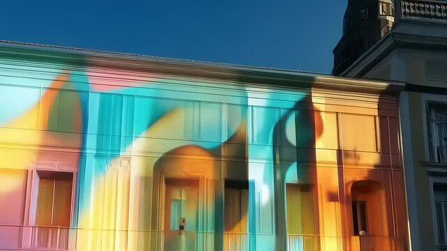 Colorful building facade with abstract light projection and two people walking