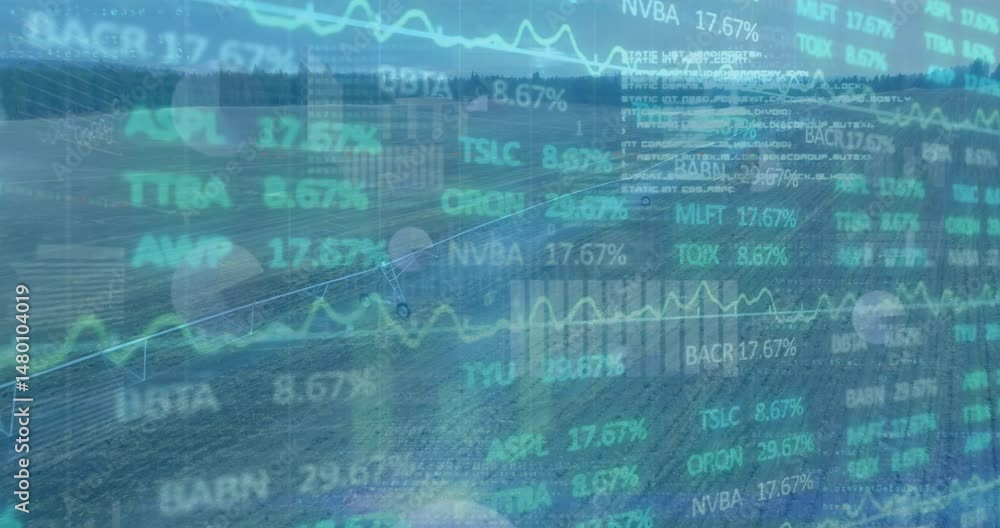 Poster financial overlay sliding over plowed field, showing tickers, graphs, code snippets, flat design