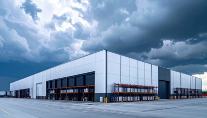 Obraz premium Modern Industrial Warehouse Under Dramatic Cloudy Sky Scene
