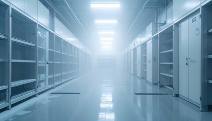Foggy Hallway in Modern Storage Facility with Illuminated Shelving
