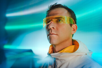 Man wearing glowing futuristic glasses looking up standing in front of illuminated blue background
