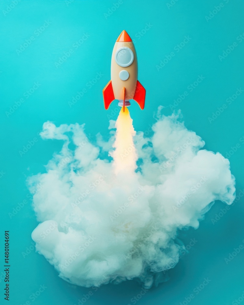 Poster rocket launch with smoke on blue background high angle view startup concept innovation and ambition 