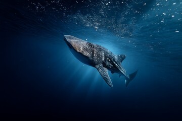 Naklejka premium Majestic Whale Shark Swimming Gracefully in Deep Blue Ocean