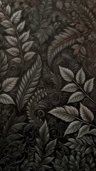 The black background has a beautiful floral and leaf pattern.