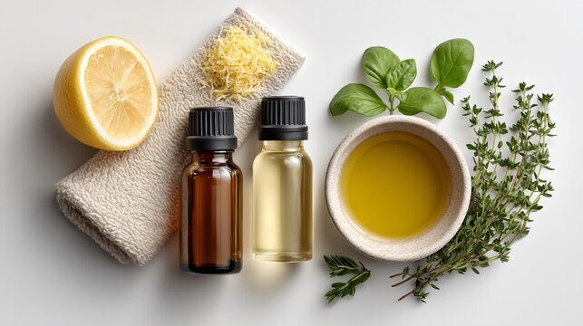 Top view of essential oil bottles on white backdrop with freshly grated lemon zest, thyme sprigs, and a small dish of oil for natural cleaning solution demonstration images