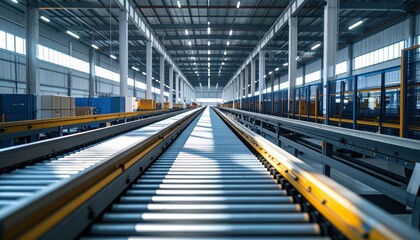 Fototapeta premium Industrial Conveyor System in Modern Warehouse with Bright Lighting