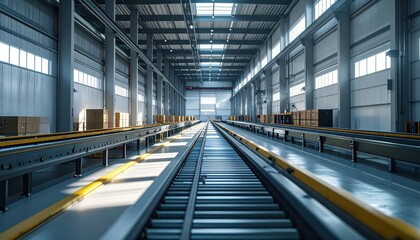 Obraz premium Industrial Warehouse Interior with Conveyor System and Boxes