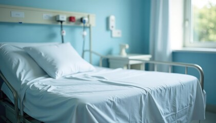 Empty hospital bed, crisp white linens, ready for a patient Clean, sterile environment , healthcare facility, patient, fresh
