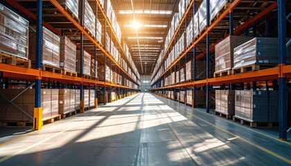 Fototapeta premium Bright and Spacious Warehouse with Shelving and Boxes Inside