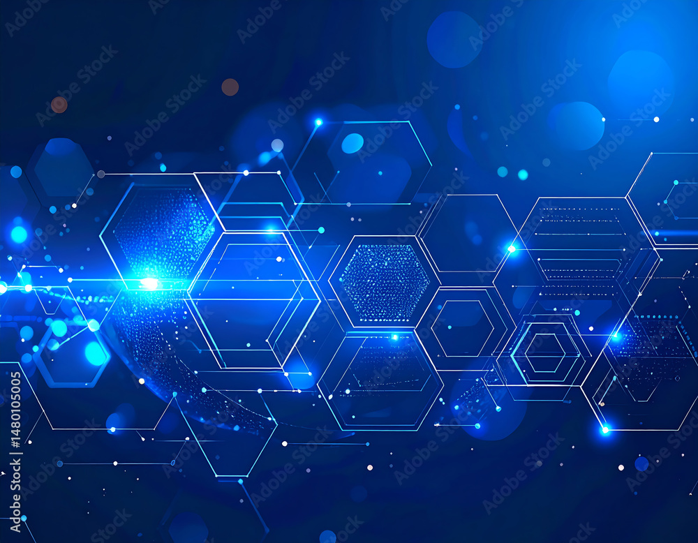 Poster futuristic abstract design featuring glowing hexagons and blue lights, creating a digital and techno