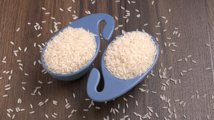 Healthy food. Wooden bowl with parboiled rice on white background. Top view, copy space, high resolution product.

