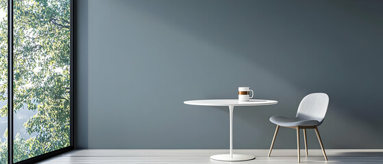 Modern Minimalist Interior Room With Gray Walls And White Table And Chair