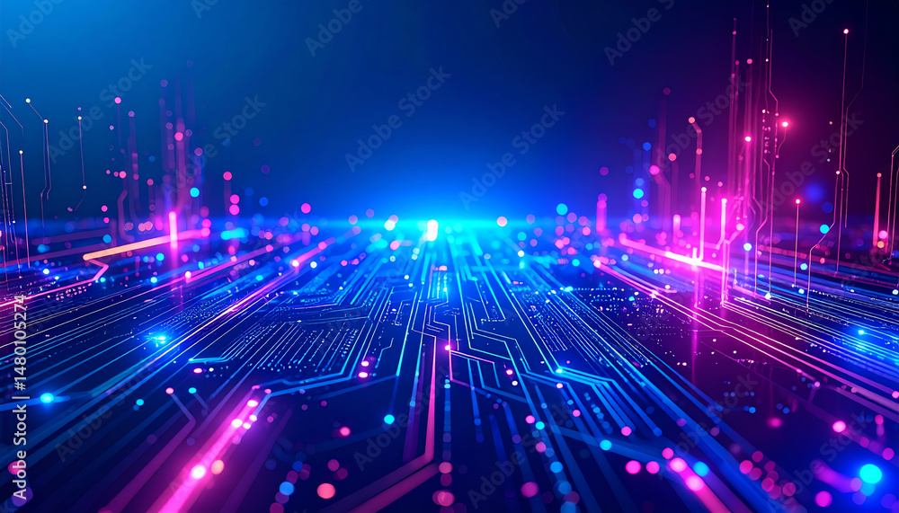 Aufkleber vibrant digital landscape with glowing circuit lines and colorful data points, representing advanced