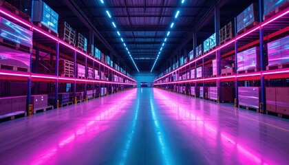 Fototapeta premium Modern Warehouse Interior with Neon Lights and Empty Aisle Space