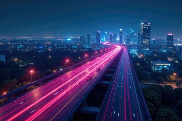 Obraz premium Futuristic cityscape at night, glowing fiber optic cables representing the information superhighway , graphic, cityscape, design