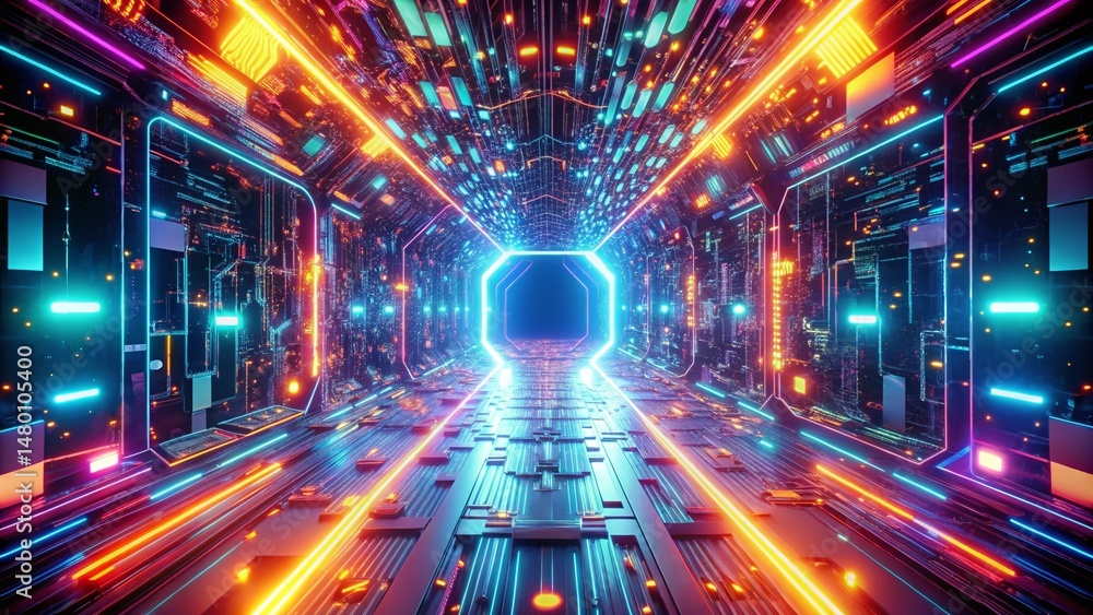 Aufkleber glowing circuit tunnel: abstract digital art with bokeh effect, futuristic background