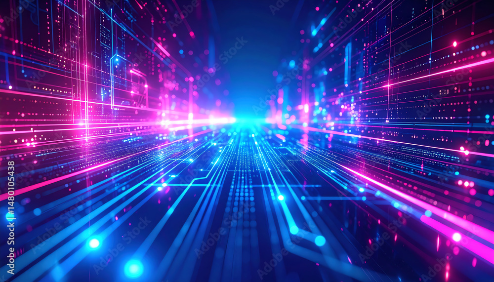 Aufkleber a vibrant digital landscape with glowing lines and particles, creating a futuristic and technologica