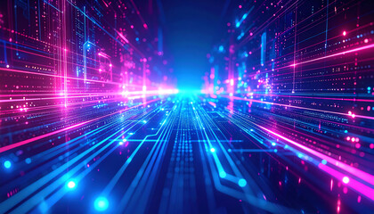 Obraz premium A vibrant digital landscape with glowing lines and particles, creating a futuristic and technological atmosphere