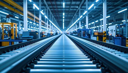 Fototapeta premium High-Tech Warehouse with Automated Conveyor System and Bright Lighting