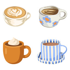 Cute Coffee Cups Illustration Set, Hand Drawn Coffee Mugs with Different Designs

