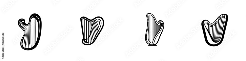 Poster vector illustration of diverse harp designs showcasing various shapes and styles in a minimalist app