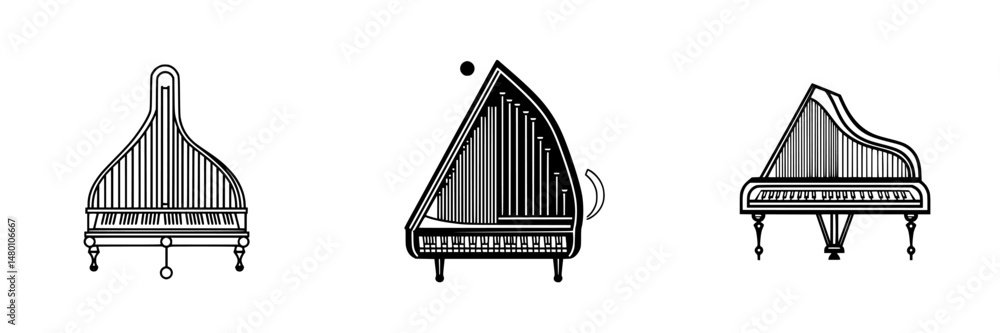 Poster vector illustration icons of various harps displayed from different angles showcasing their unique s