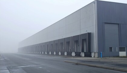 Obraz premium Foggy Industrial Warehouse with Loading Docks on Gloomy Day