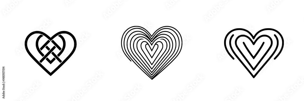 Poster vector illustration of three unique heart designs showcasing different styles with clean lines and s