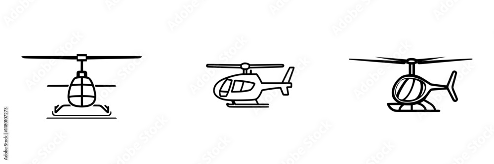 Poster vector illustration of three distinct helicopter designs showcasing different angles and styles in a