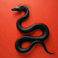 Obraz premium Red background featuring a fluid Chinese ink painting of a snake, rendered in delicate black brushstrokes with graceful movement and rich tonal contrast 