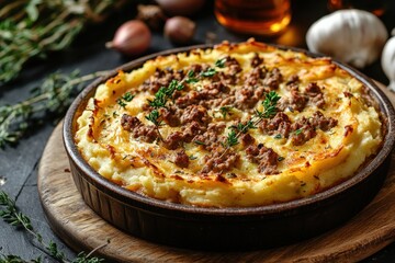 Hearty Meat Pie Topped With Golden Mashed Potato, Garnished With Fresh Herbs, on a Rustic Wooden Table in a Warm Kitchen Setting