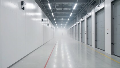 Obraz premium Modern Industrial Warehouse Interior with Foggy Ambiance and Doors