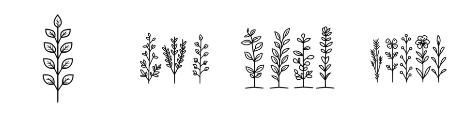 Naklejka premium Vector illustration of various plant designs showcasing details of leaves and flowers, ideal for nature-themed projects and designs