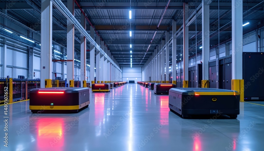 Poster advanced automated robots in modern warehouse environment at night