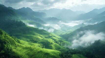 Obraz premium Lush Green Terraced Rice Fields with Misty Mountains in a Serene Landscape During Early Morning Light