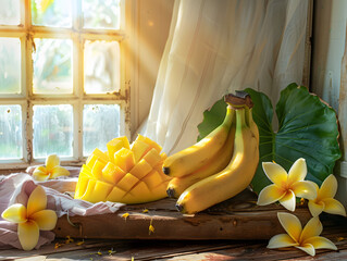 Ripe bananas and diced mango with plumeria flowers in sunlight