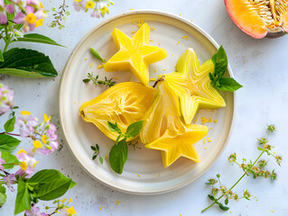 Sliced starfruit on plate with herbs and flowers on white background