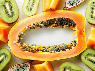 Colorful sliced tropical fruits including papaya, kiwi, and dragon fruit
