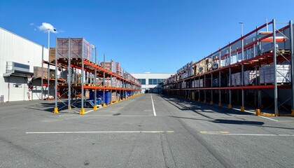 Empty Warehouse Aisle with Storage Racks and Clear Blue Sky