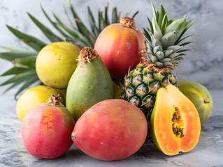 Whole and sliced tropical fruits including mango, pineapple, and papaya