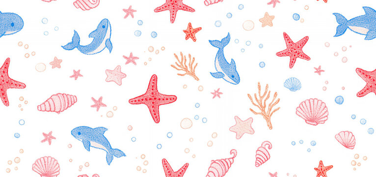 Seamless crayon style pattern of dolphins, starfish, seashells, coral, and bubbles on white background