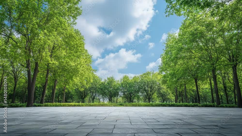 Poster a stone floor with lush green trees in the background