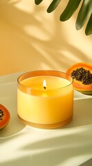 A lit, yellow candle in a clear glass container, next to halved papayas, sits on a white surface.  Sunlight casts shadows