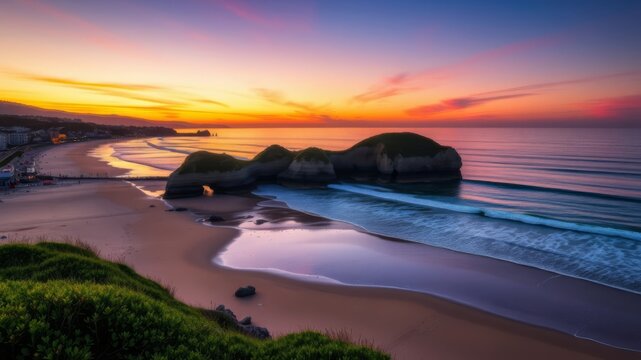 A breathtaking sunrise paints the sky vibrant colors over a stunning coastal scene with dramatic rock formations and tranquil ocean waves.