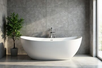 Sleek modern bathtub with chrome fixtures, clean lines, tranquil, jets